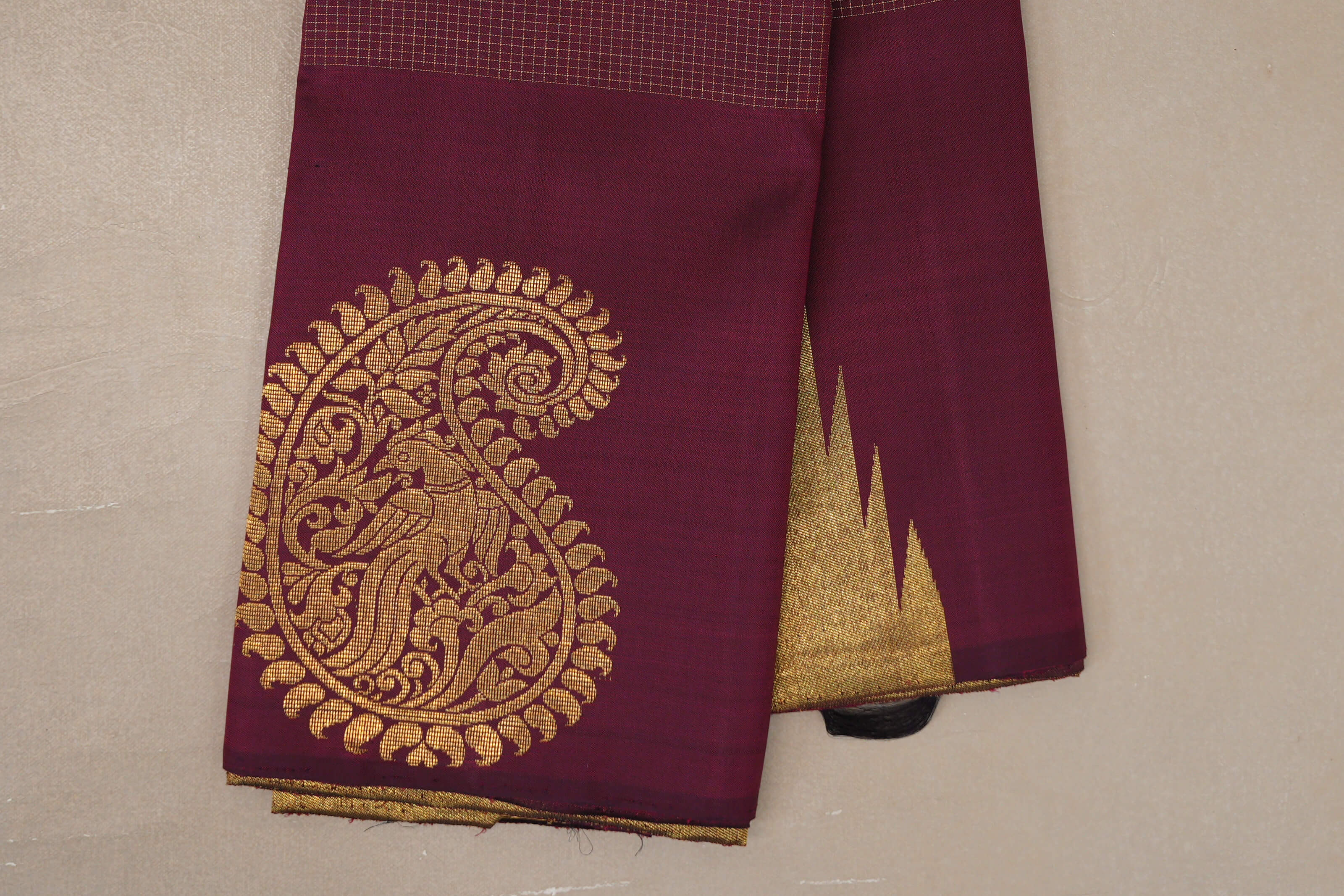 Deep Maroon with Zari Checks Vintage Kanjivaram Silk Saree  border