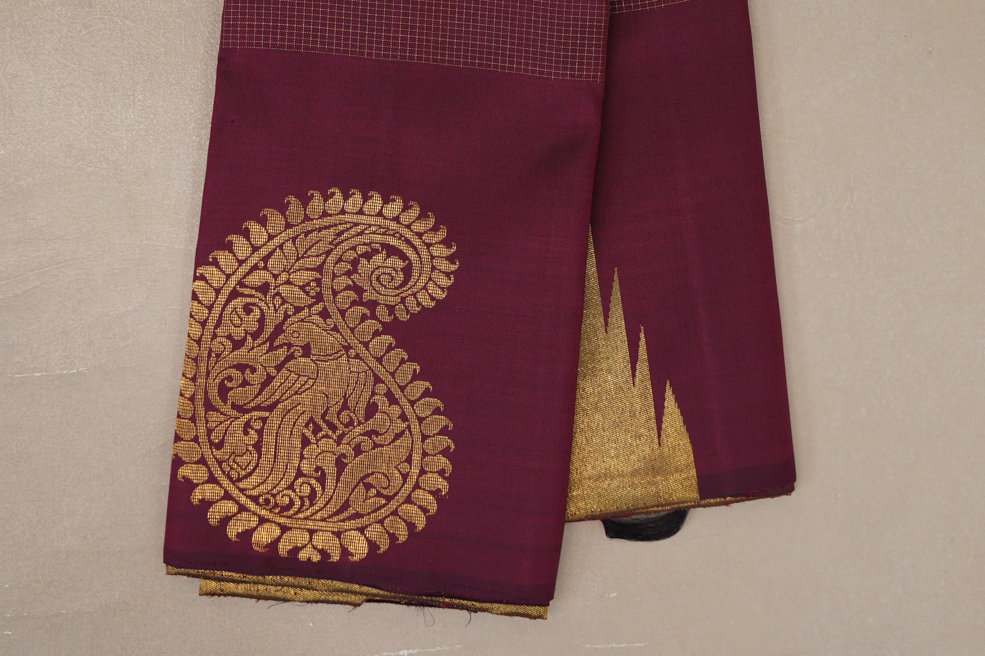 Deep Maroon with Zari Checks Vintage Kanjivaram Silk Saree  border