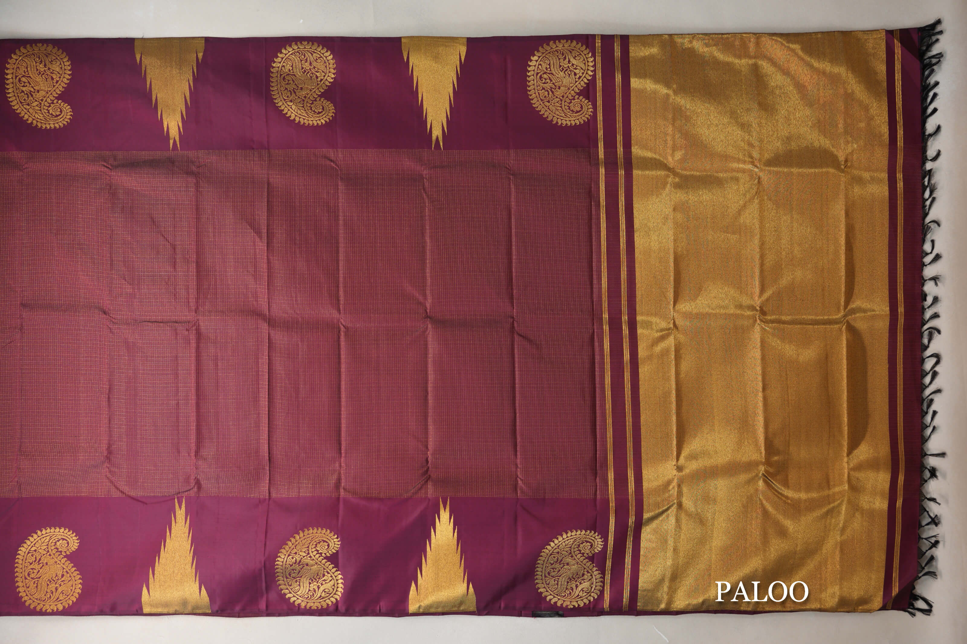 Deep Maroon with Zari Checks Vintage Kanjivaram Silk Saree  paloo