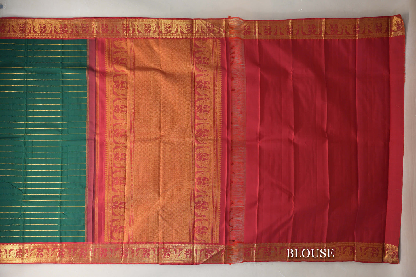 Deep Green with Crimson Red Borders Vintage Kanjivaram Silk Saree blouse