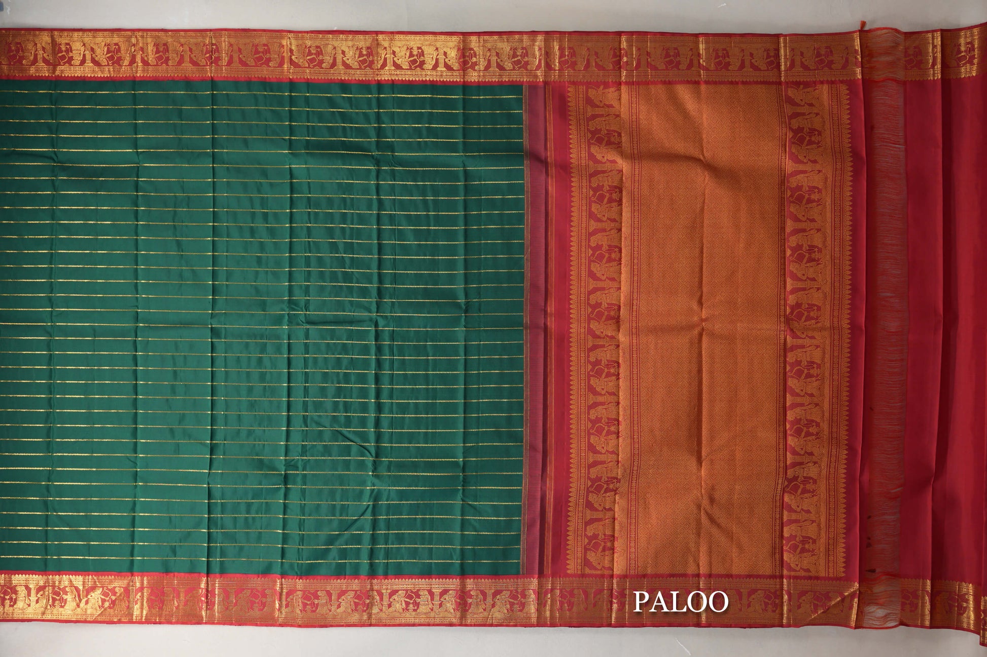 Deep Green with Crimson Red Borders Vintage Kanjivaram Silk Saree paloo