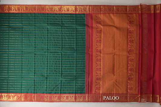 Deep Green with Crimson Red Borders Vintage Kanjivaram Silk Saree paloo