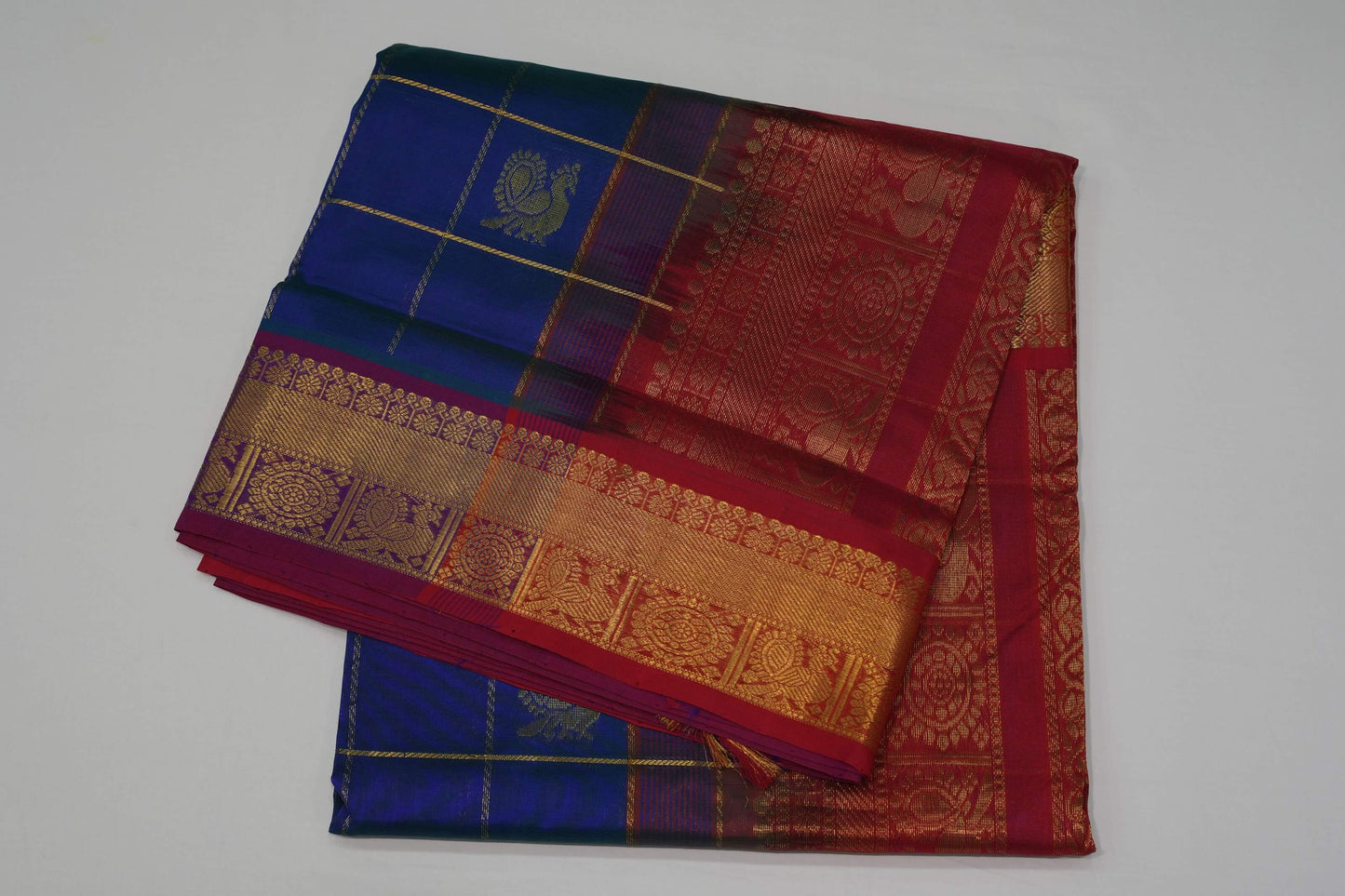 Peacock blue nine and half yards madisar silk cotton saree