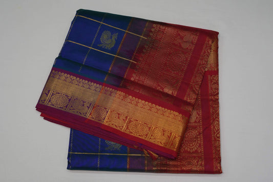 Peacock blue nine and half yards madisar silk cotton saree