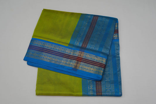 Parrot green nine and half yards madisar silk cotton saree