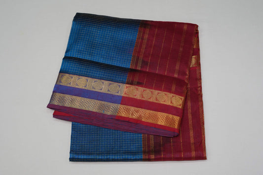 Peacock blue nine and half yards madisar silk cotton saree