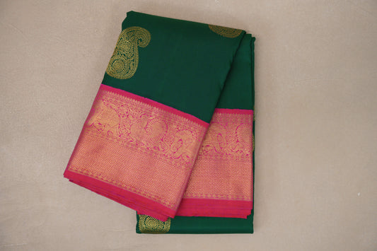 Forest Green with Orangish Pink Borders Vintage Kanjivaram Silk Saree