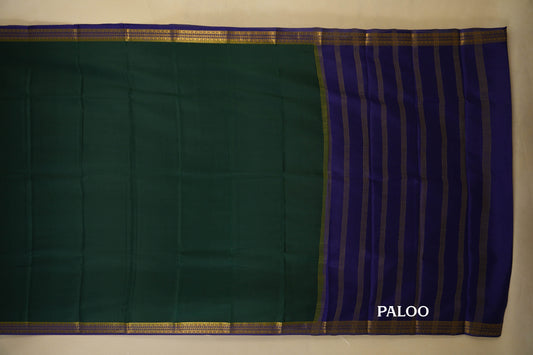 Dark Bottle Green with Navy Blue Borders Mysore Silk Saree paloo