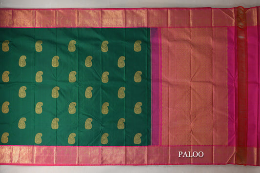 Forest Green with Orangish Pink Borders Vintage Kanjivaram Silk Saree paloo