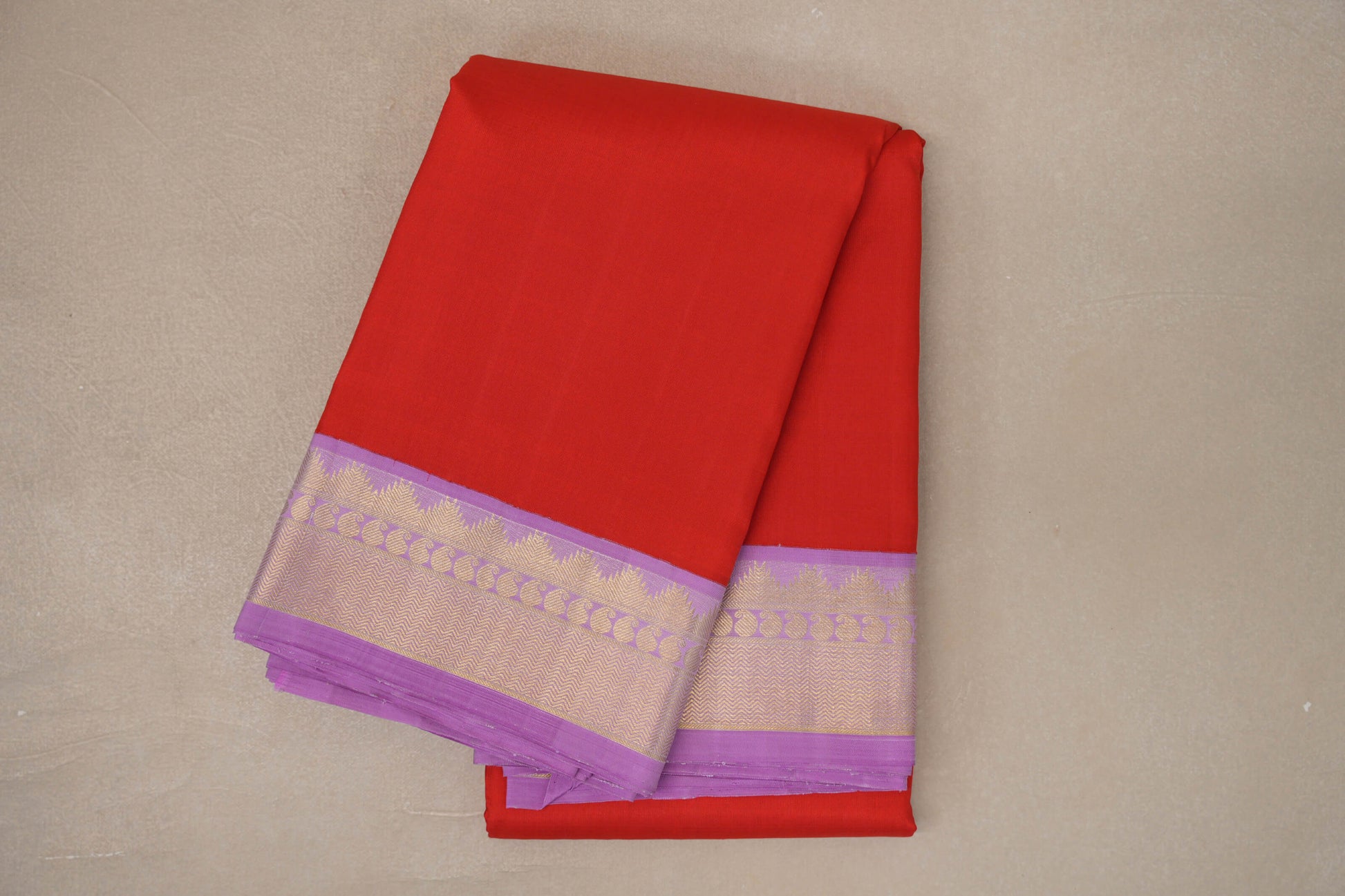 Tomato Red with Pink Lavender Borders Vintage Kanjivaram Silk Saree