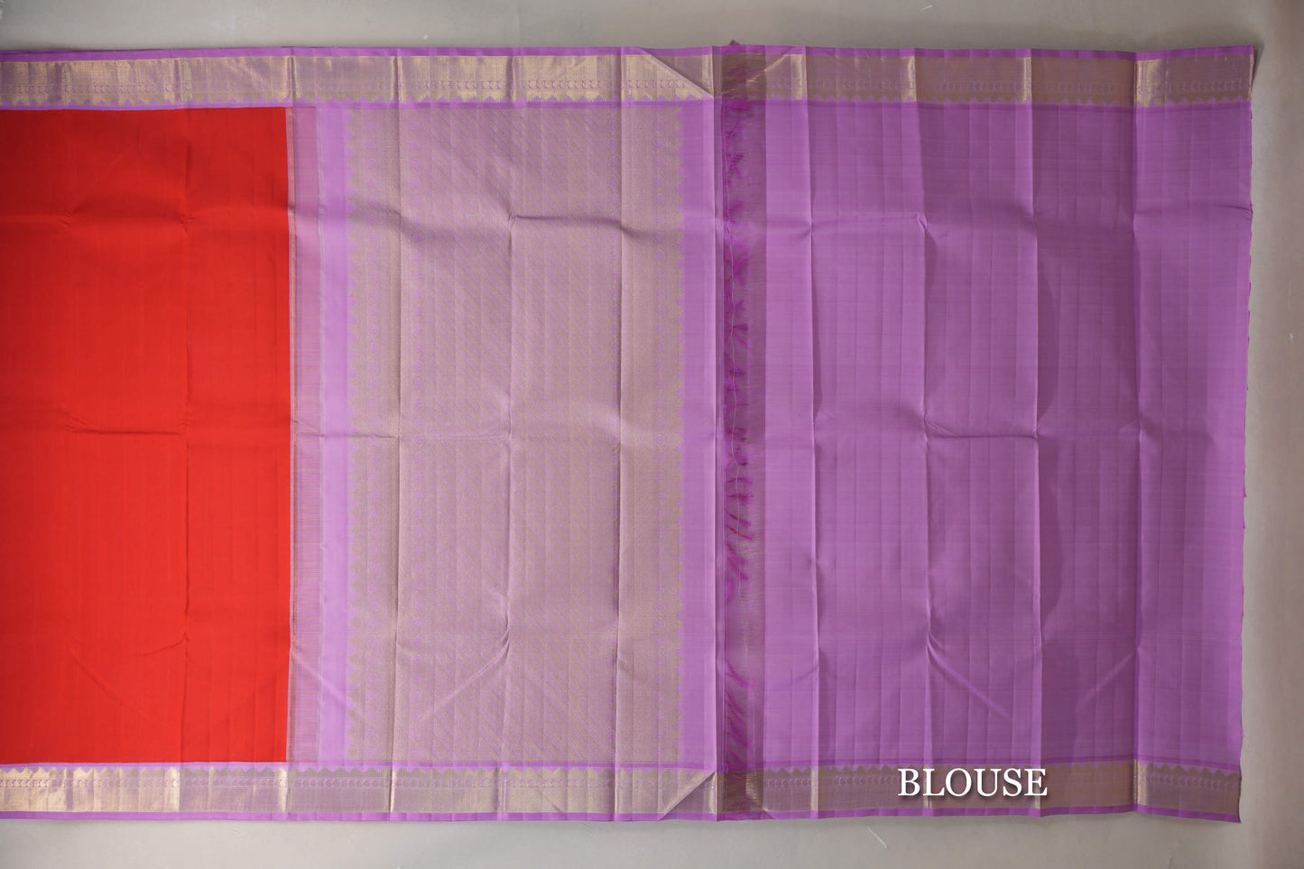 Tomato Red with Pink Lavender Borders Vintage Kanjivaram Silk Saree blouse