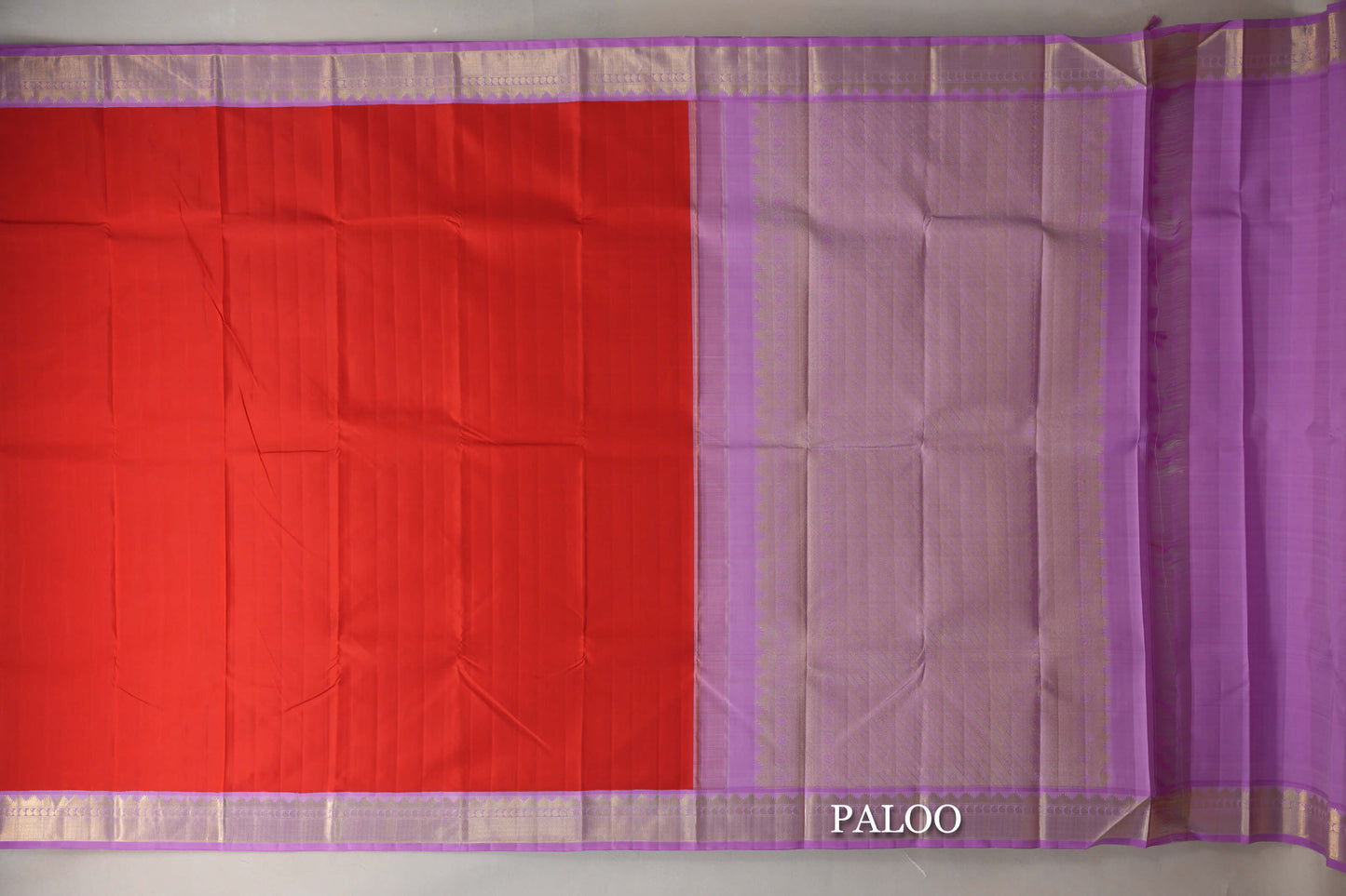 Tomato Red with Pink Lavender Borders Vintage Kanjivaram Silk Saree paloo