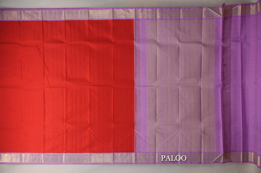 Tomato Red with Pink Lavender Borders Vintage Kanjivaram Silk Saree paloo