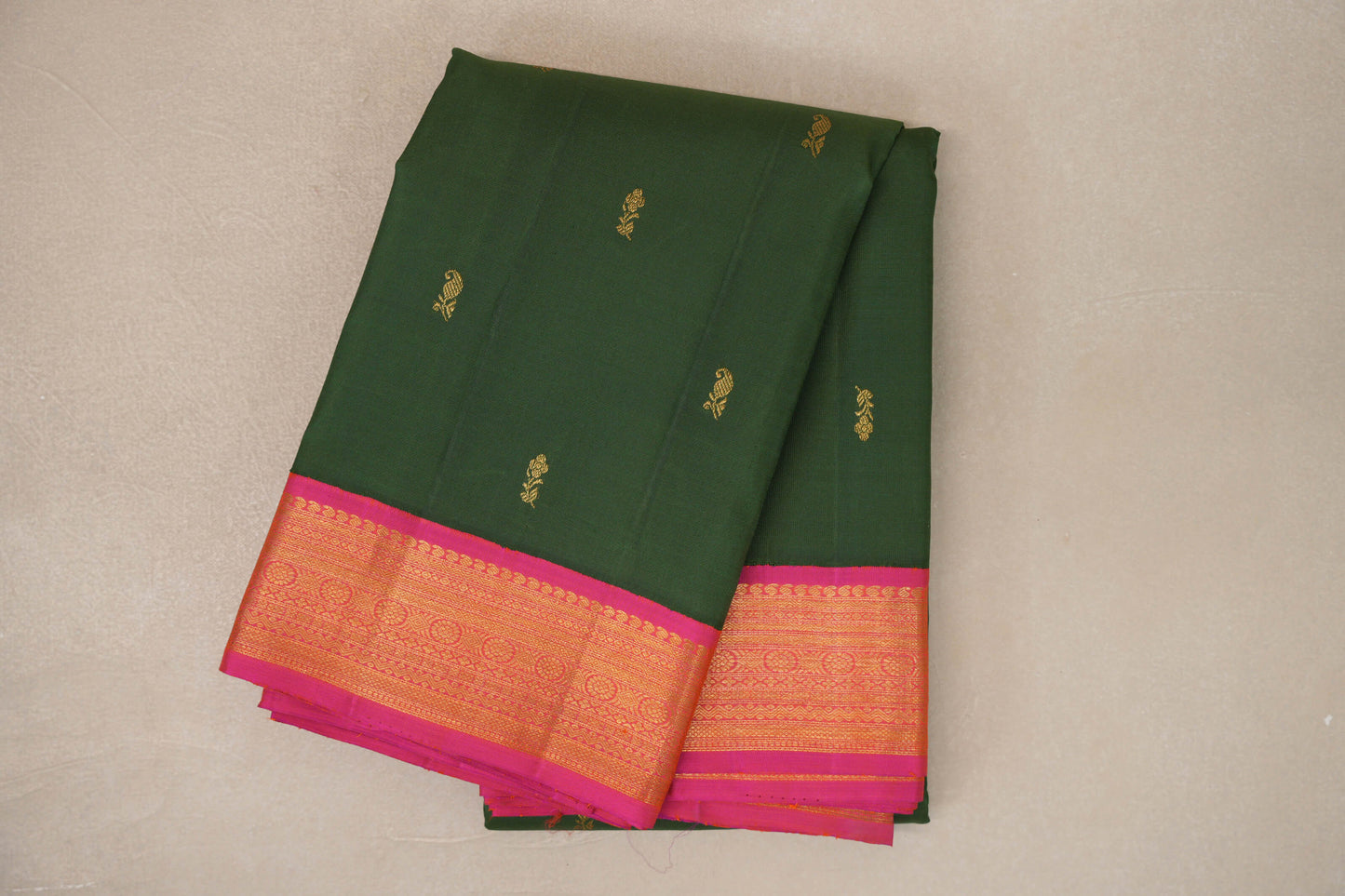 Emerald Green with Orangish Pink Borders Vintage Kanjivaram Silk Saree