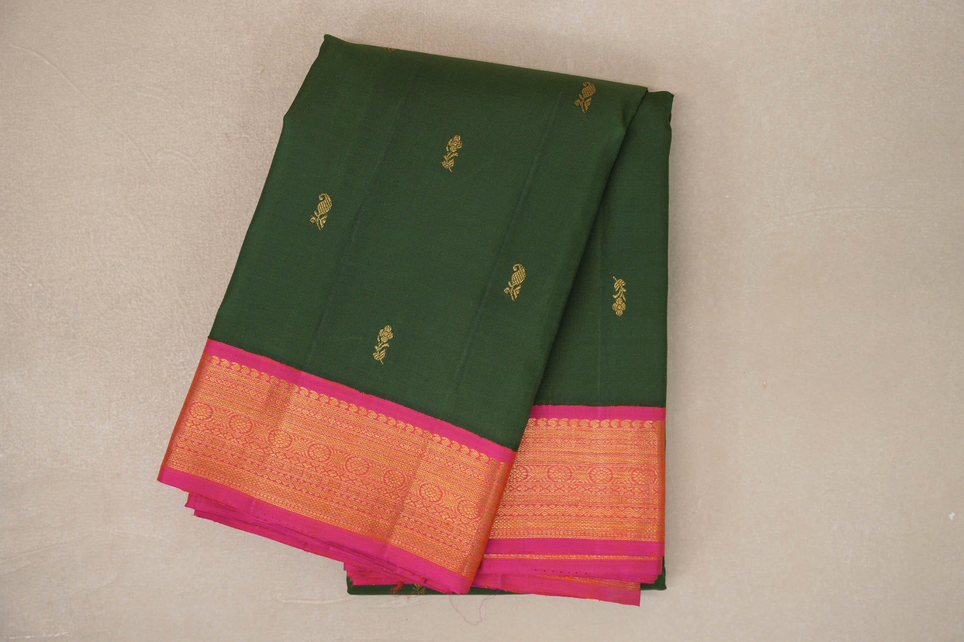 Emerald Green with Orangish Pink Borders Vintage Kanjivaram Silk Saree