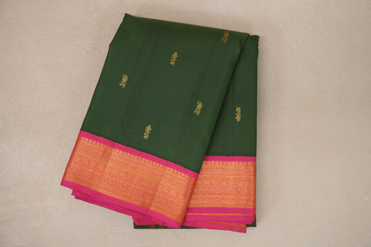 Emerald Green with Orangish Pink Borders Vintage Kanjivaram Silk Saree