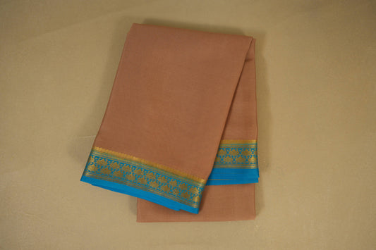 Dark Beige with Sea Blue Borders Mysore Silk Saree
