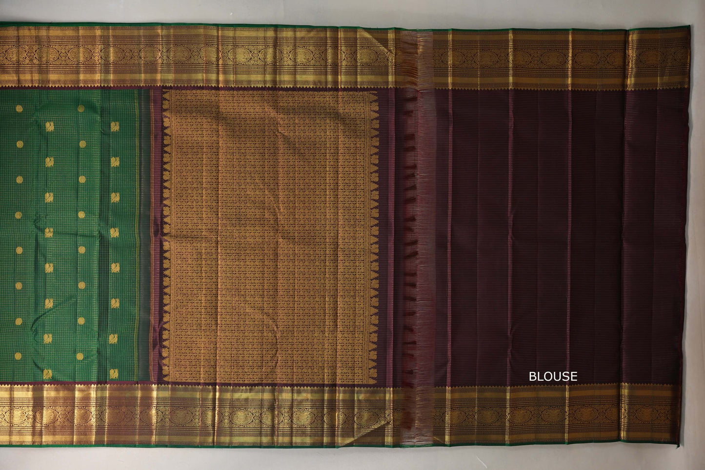 Emerald green with Kanchana brown Borders Vintage Kanjivaram Silk Saree SS9541
