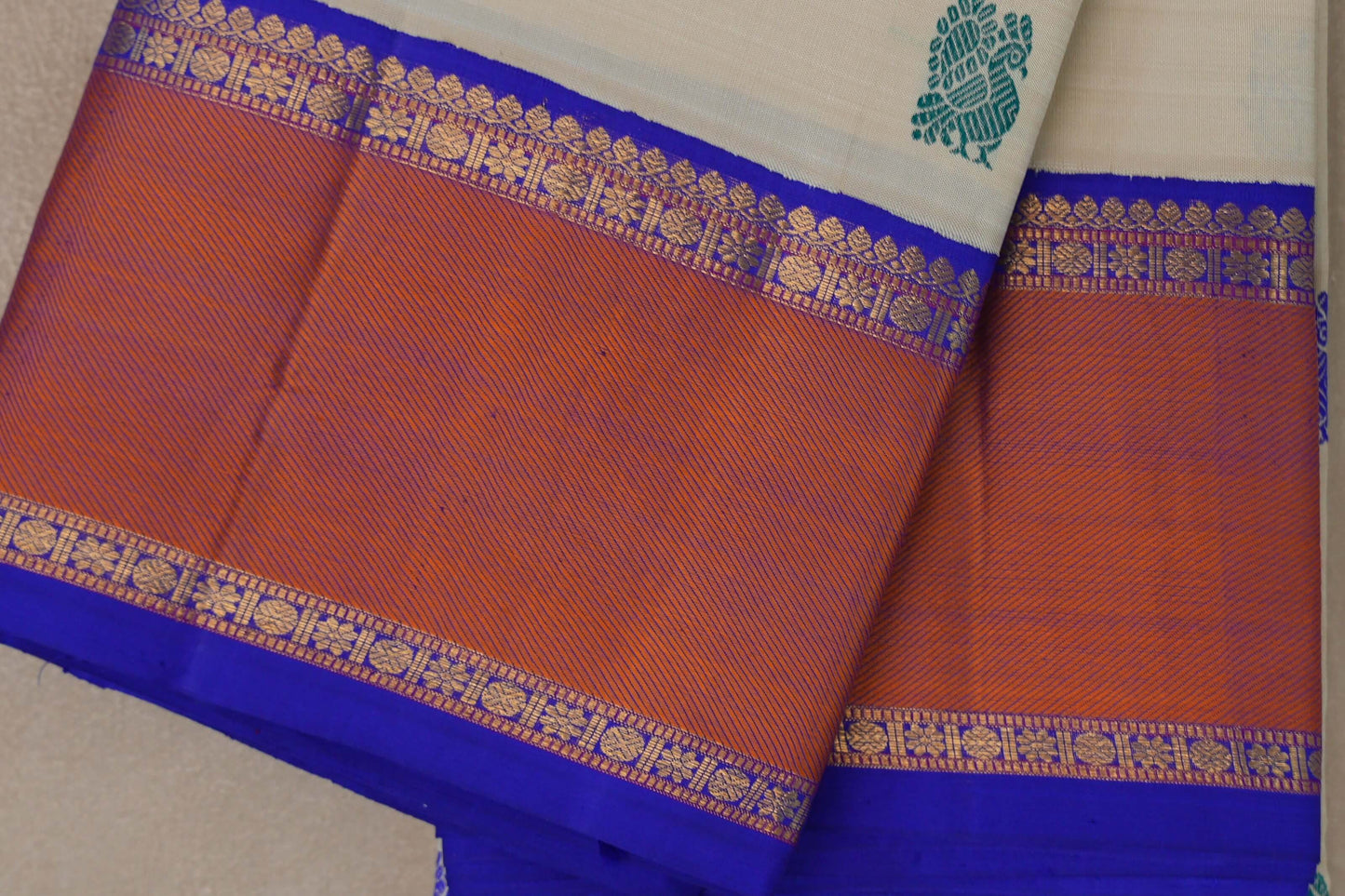Cream with Royal Blue Borders Vintage Kanjivaram Silk Saree SS9542