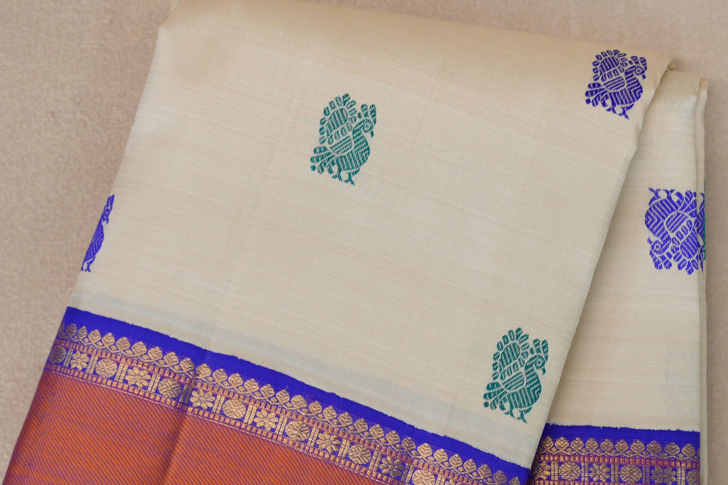 Cream with Royal Blue Borders Vintage Kanjivaram Silk Saree SS9542