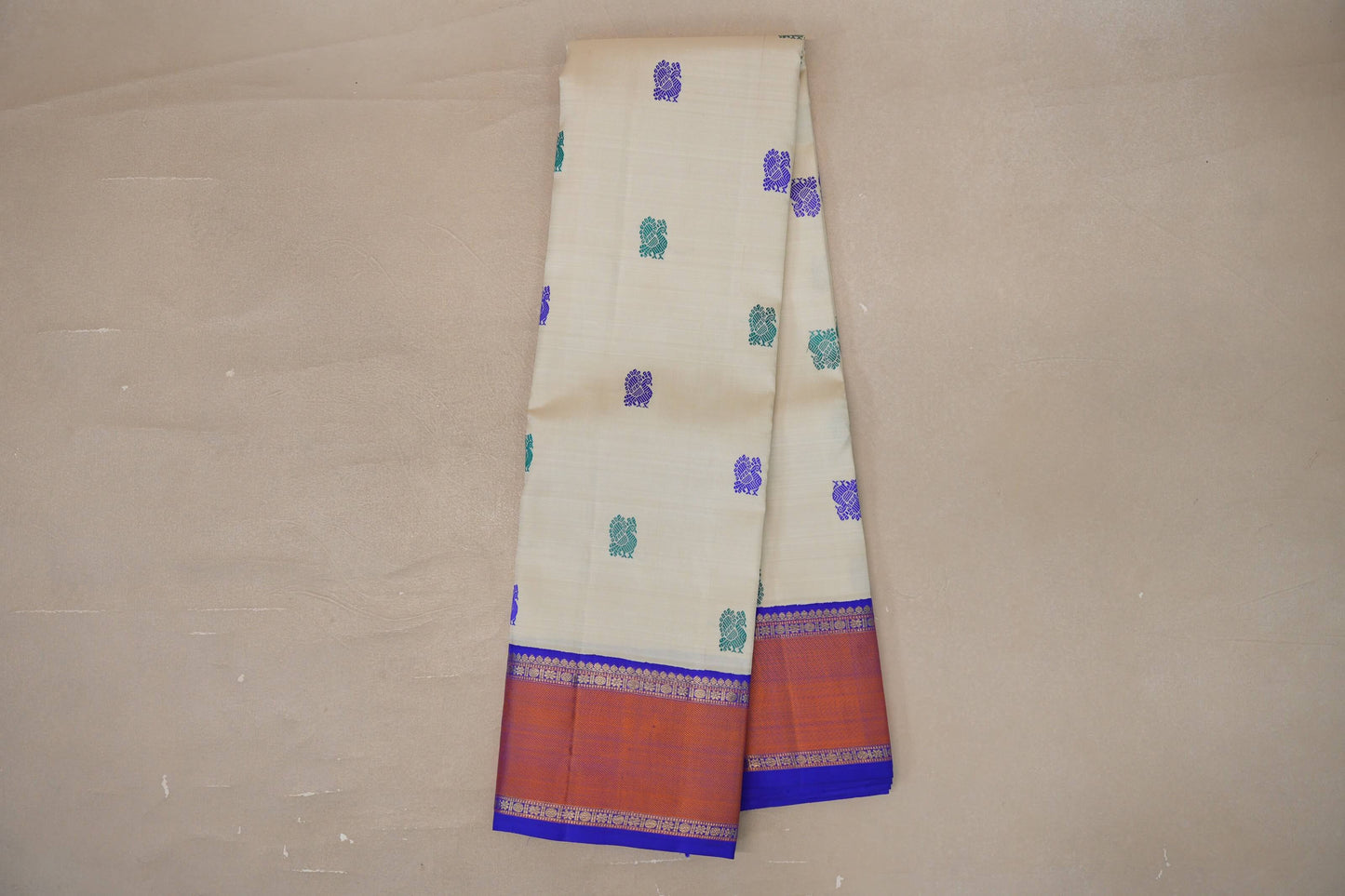 Cream with Royal Blue Borders Vintage Kanjivaram Silk Saree SS9542