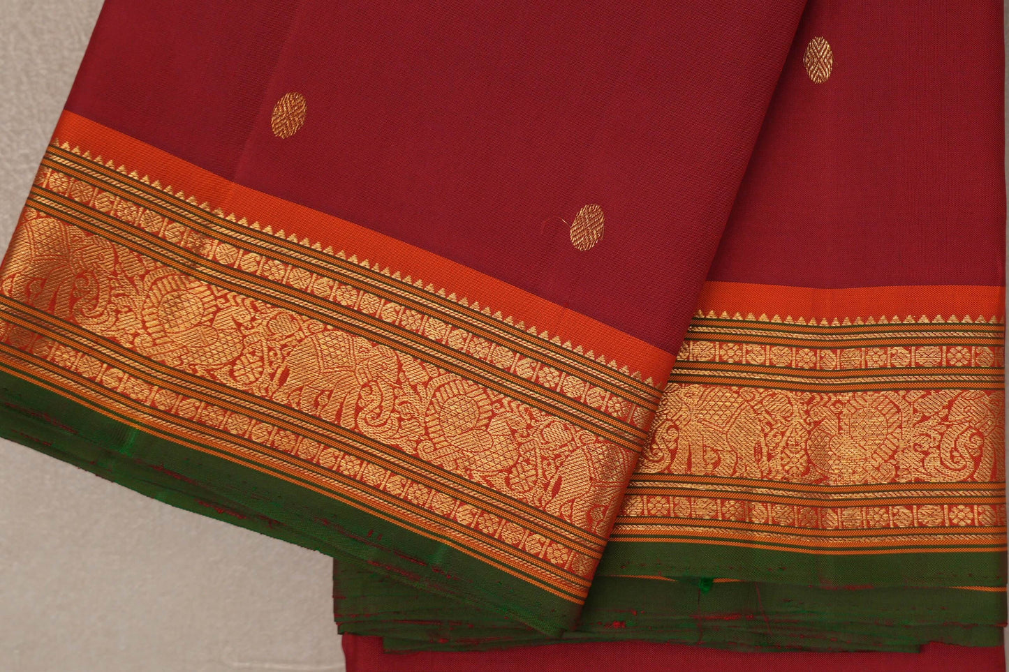 Reddish Maroon with bright orange Vintage Kanjivaram Silk Saree SS9546