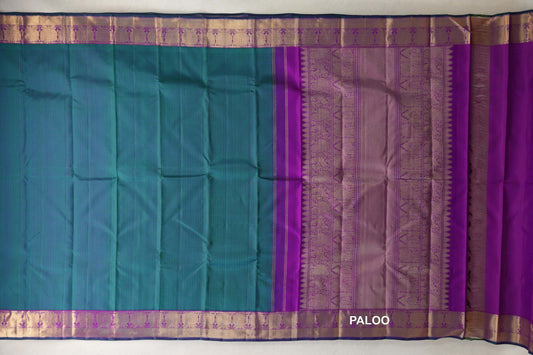 Spread-out peacock green Kanjivaram silk saree with purple and gold-toned borders, an ornate purple pallu and bottle green selvedge.