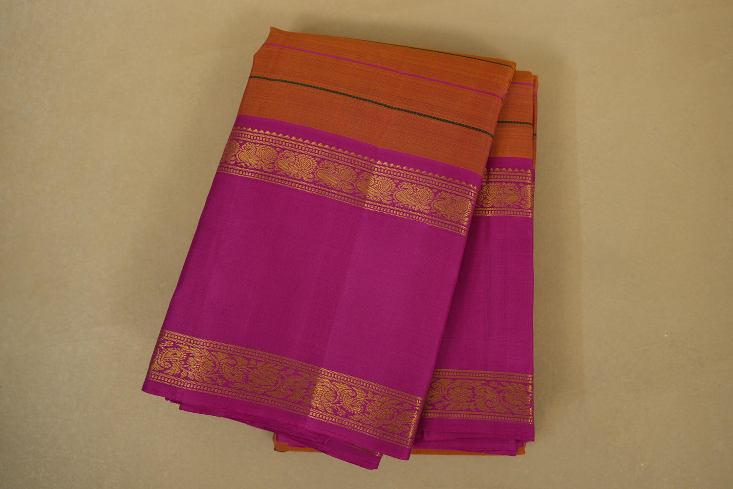 Folded Orangish Pink Borders Vintage Beldhary Kanjivaram Silk Saree