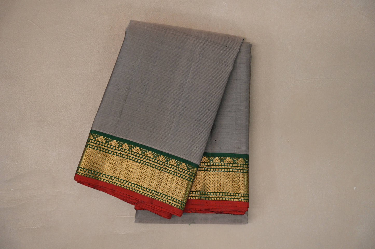 Grey with Leaf Green borders Vintage Kanjivaram Silk Saree SS9553