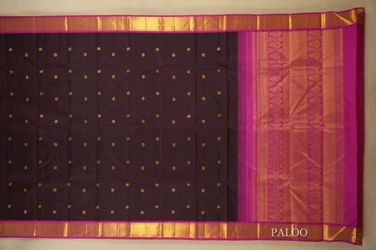 Dark Coffee Brown with Pink Borders Vintage Kanjivaram Silk Saree  paloo