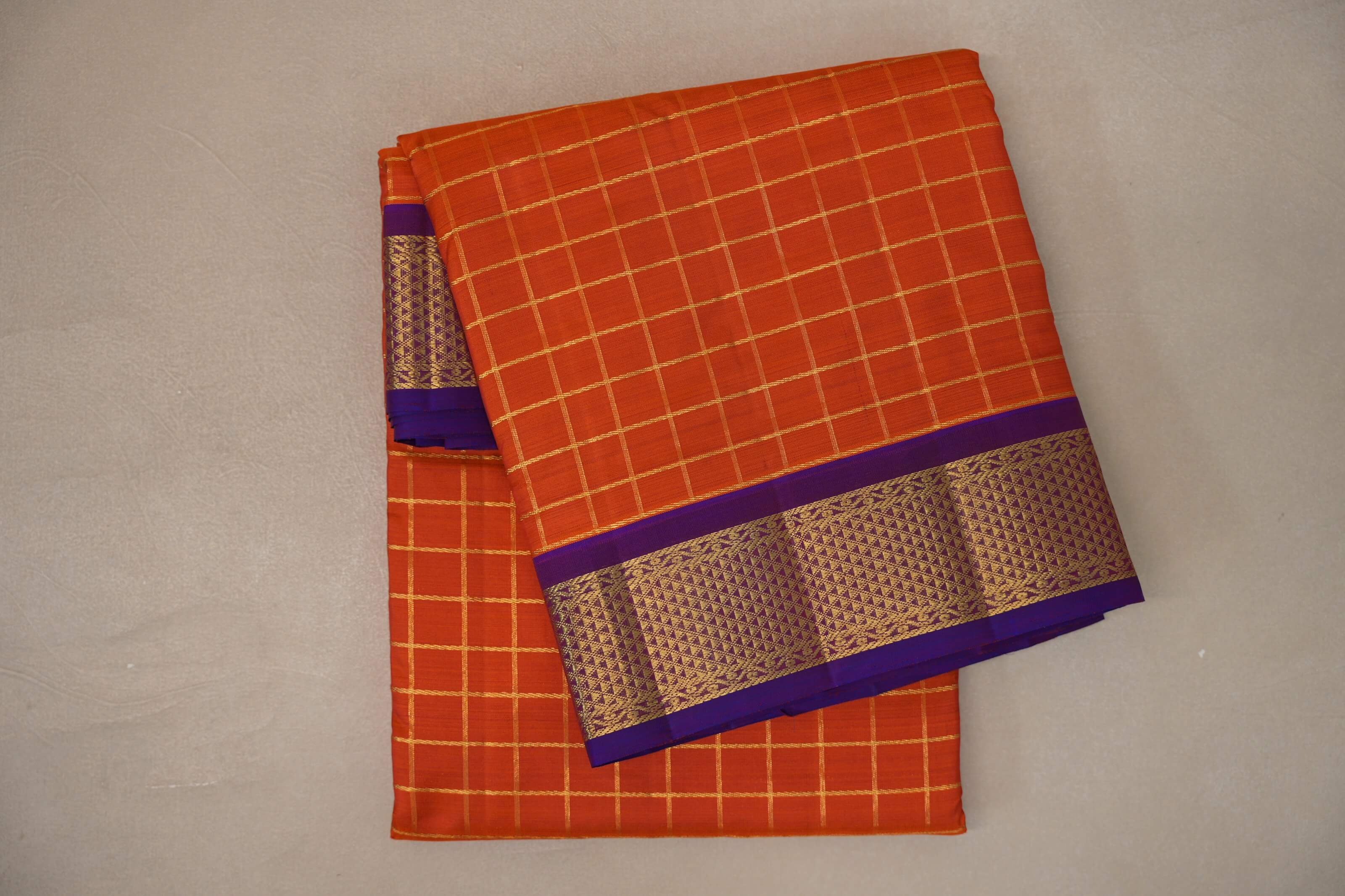Bright orange with Royal Purple  borders Ten Yards Silk Saree SS9556