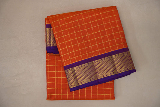 Bright orange with Royal Purple  borders Ten Yards Silk Saree SS9556