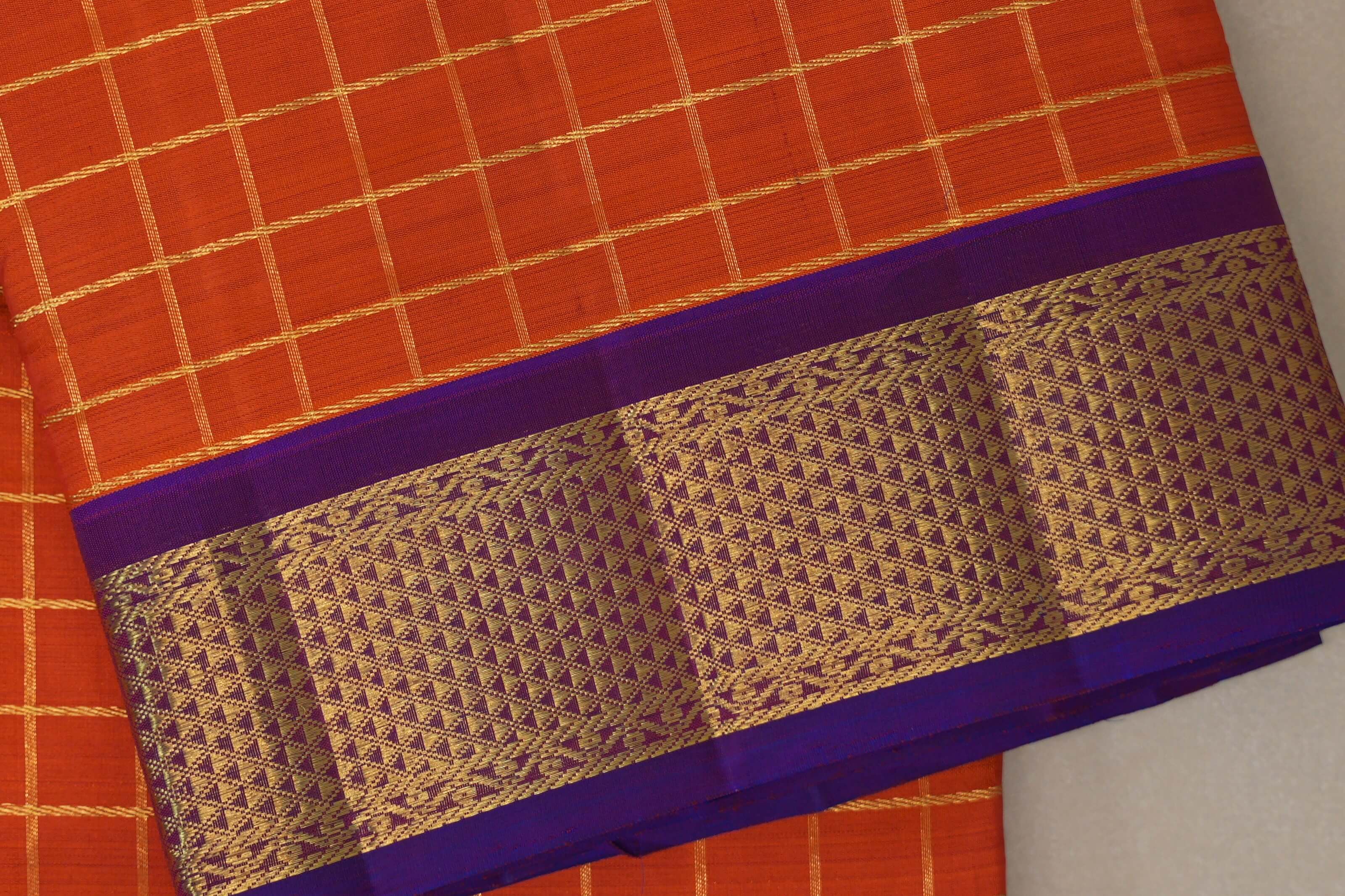 Bright orange with Royal Purple  borders Ten Yards Silk Saree SS9556
