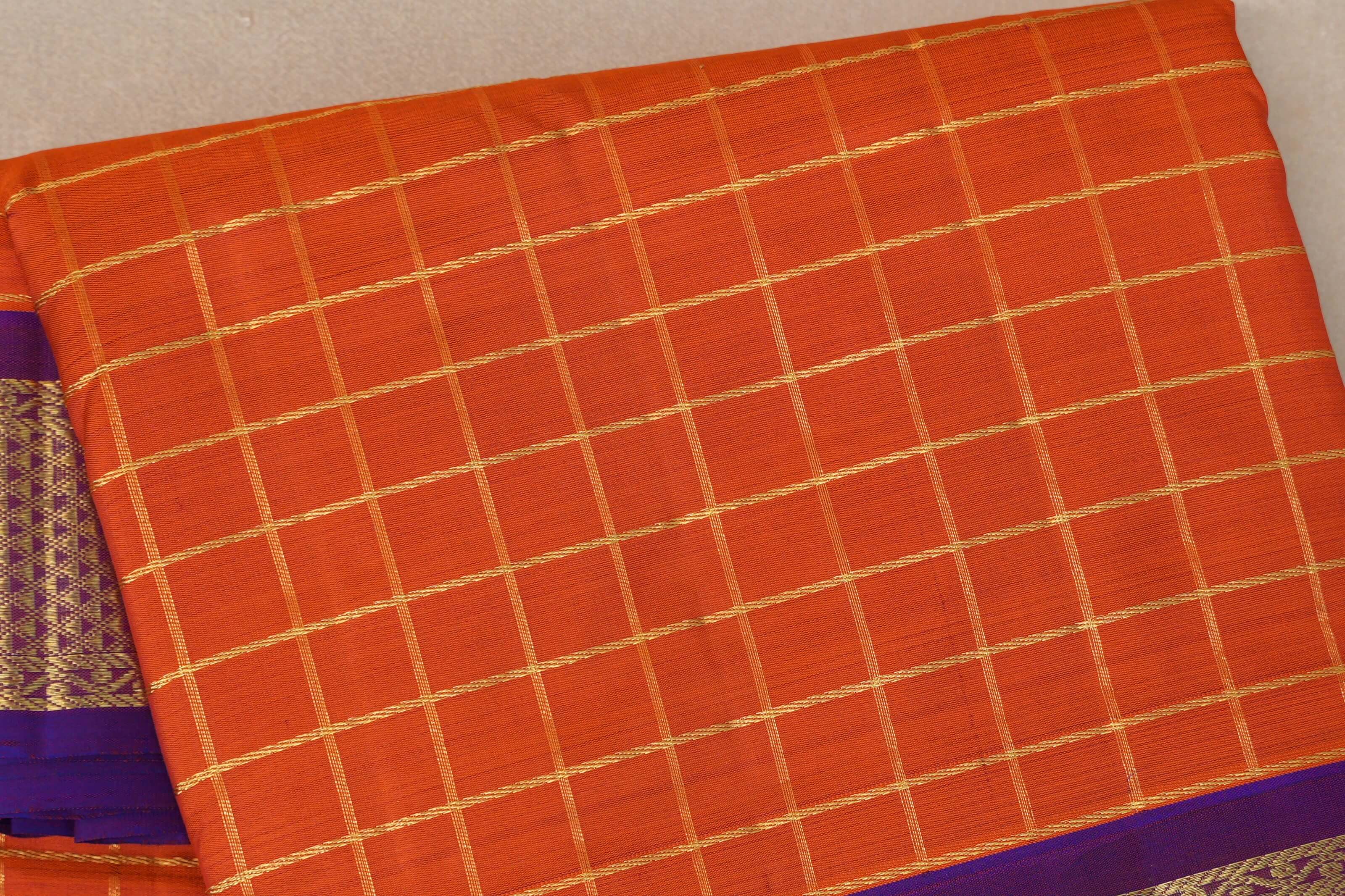 Bright orange with Royal Purple  borders Ten Yards Silk Saree SS9556