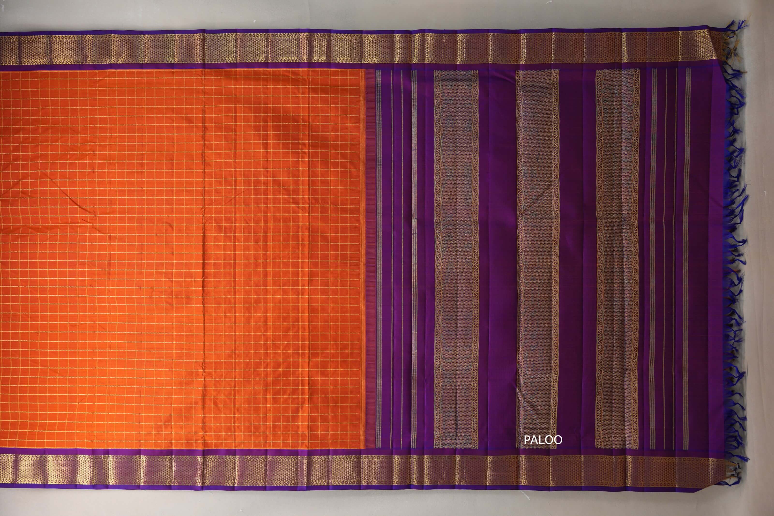 Bright orange with Royal Purple  borders Ten Yards Silk Saree SS9556