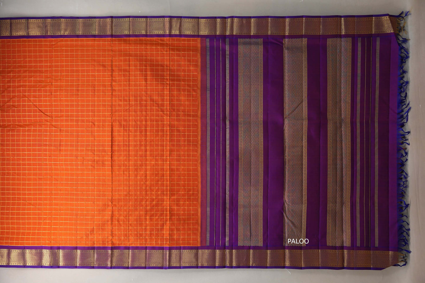 Bright orange with Royal Purple  borders Ten Yards Silk Saree SS9556
