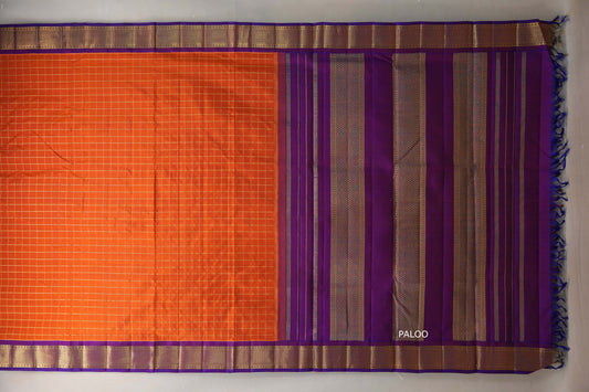 Bright orange with Royal Purple  borders Ten Yards Silk Saree SS9556