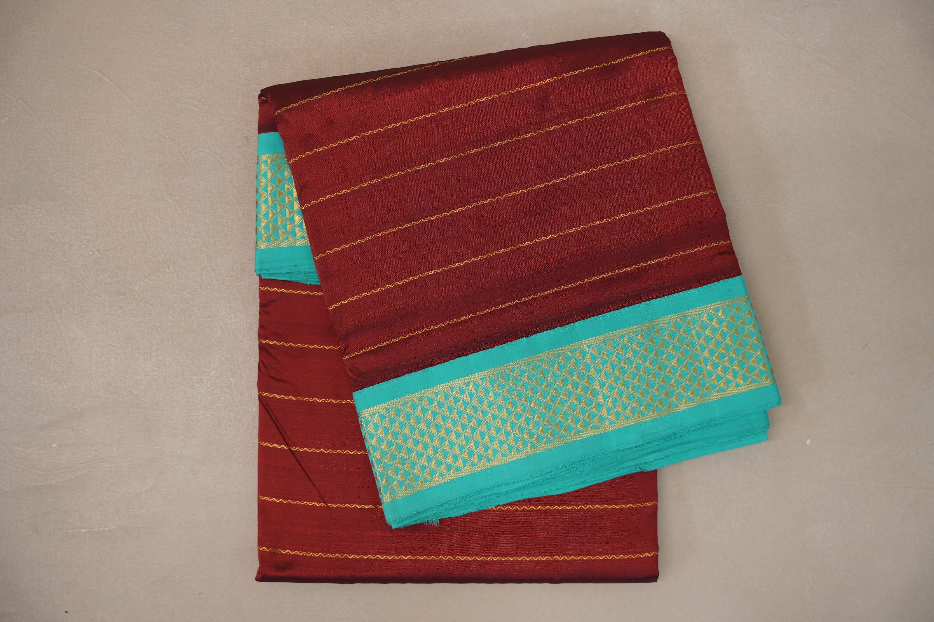 Reddish maroon with Bright sea green borders Ten Yards Silk Saree SS9557