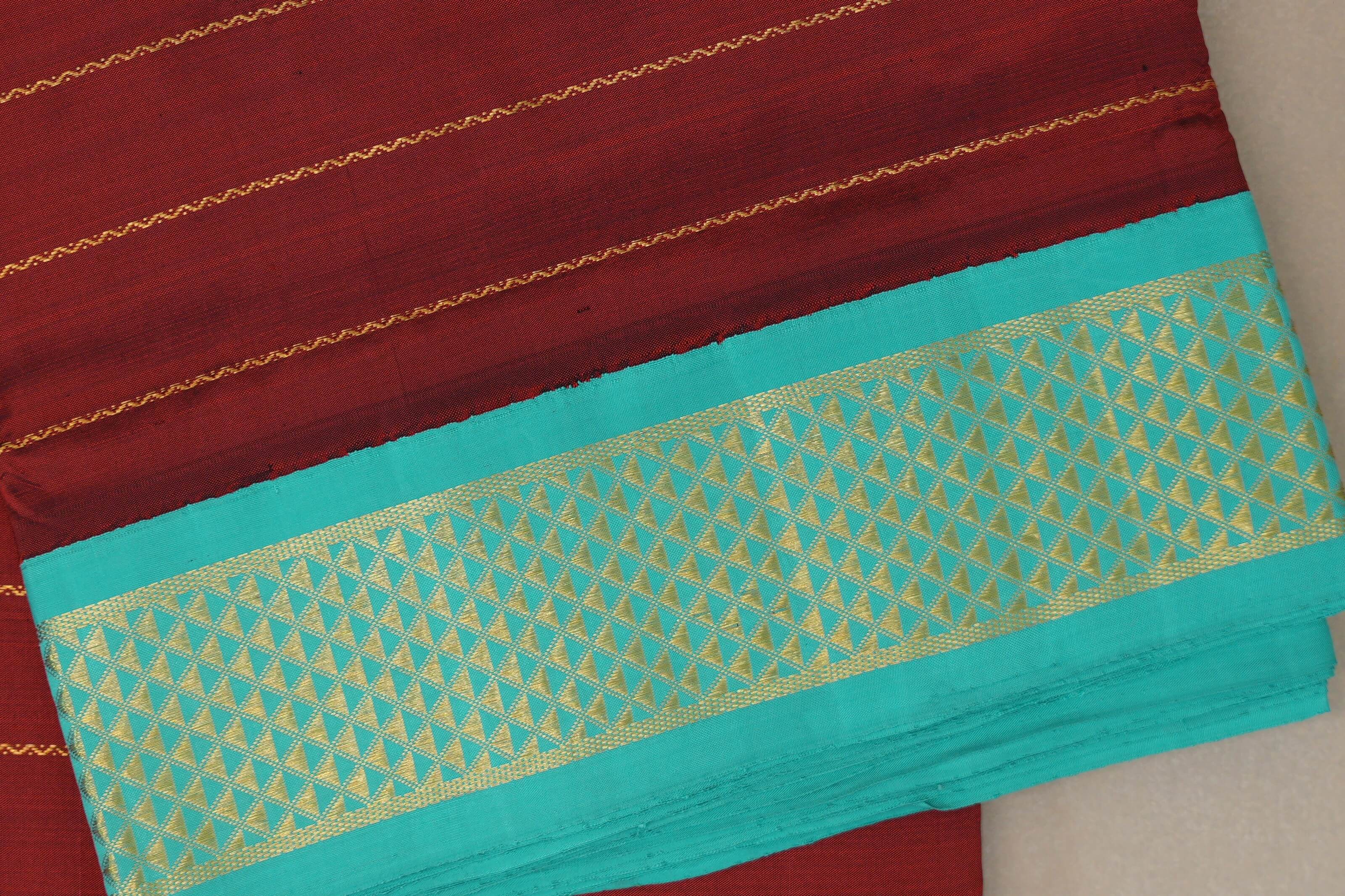 Reddish maroon with Bright sea green borders Ten Yards Silk Saree SS9557