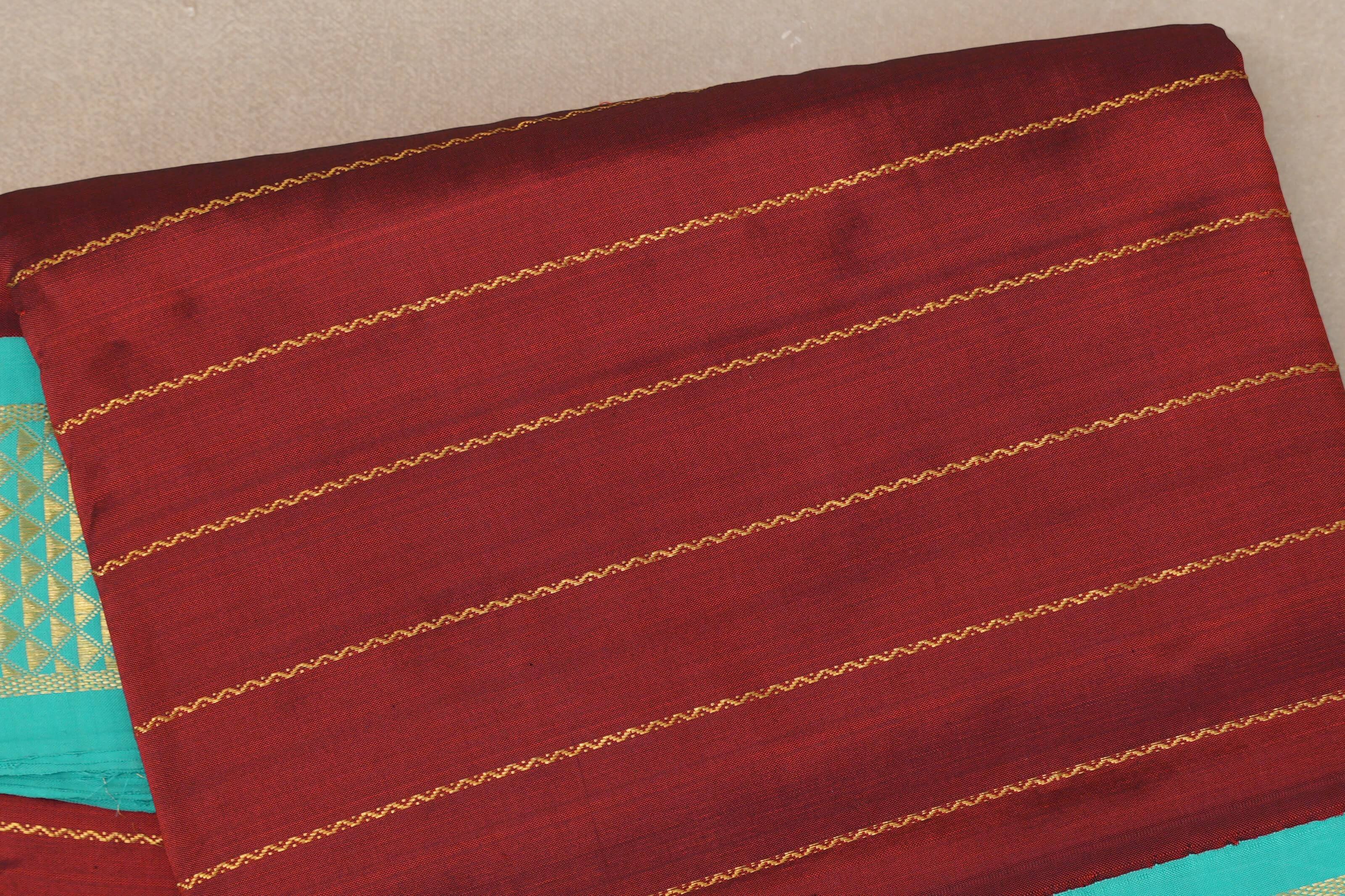 Reddish maroon with Bright sea green borders Ten Yards Silk Saree SS9557