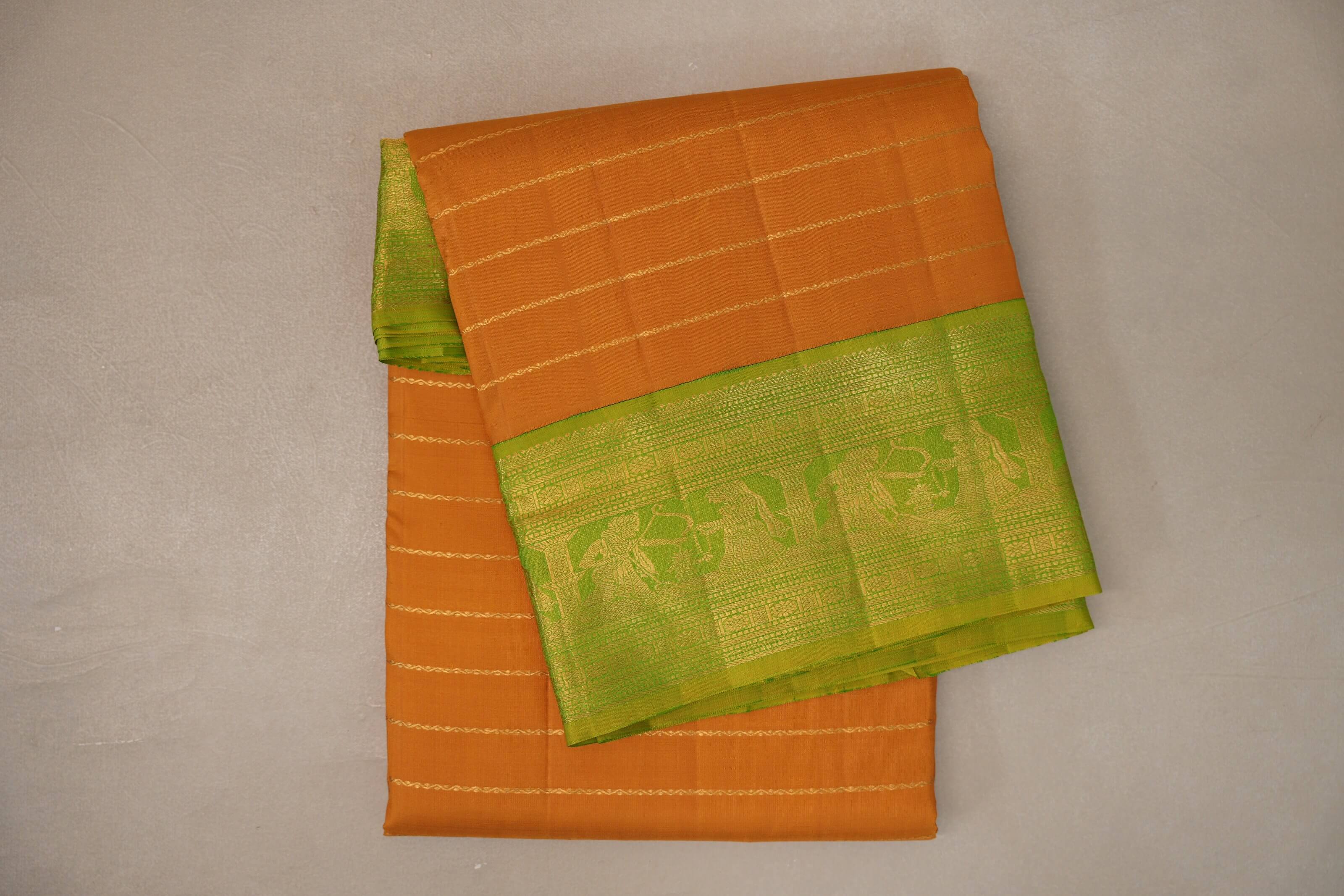 Mango yellow with Bright leaf green borders Ten Yards Silk Saree SS9558