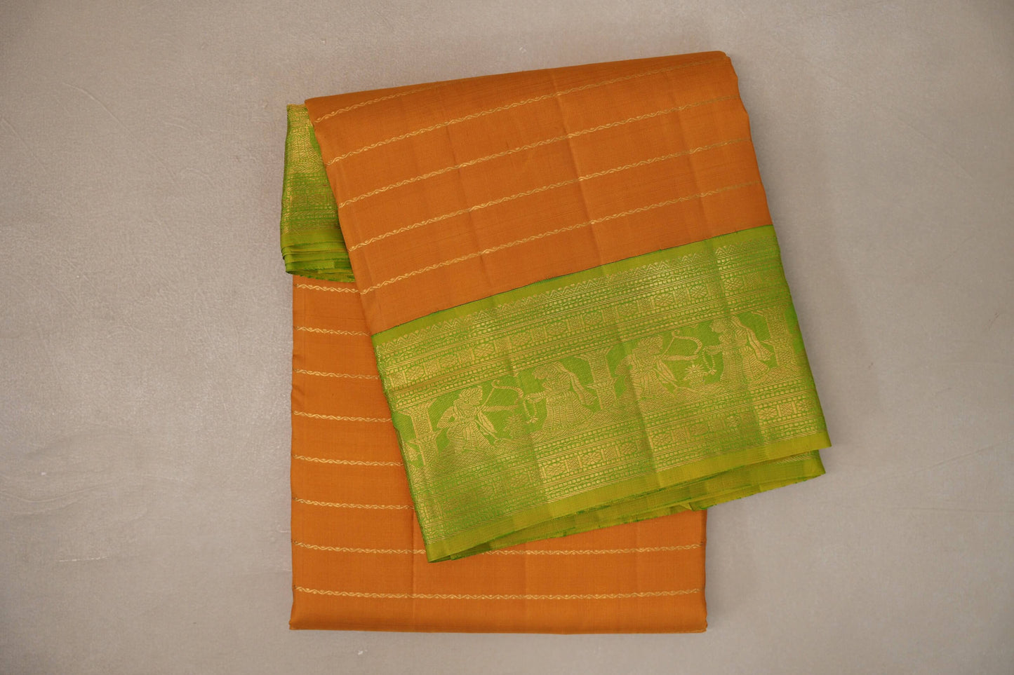 Mango yellow with Bright leaf green borders Ten Yards Silk Saree SS9558