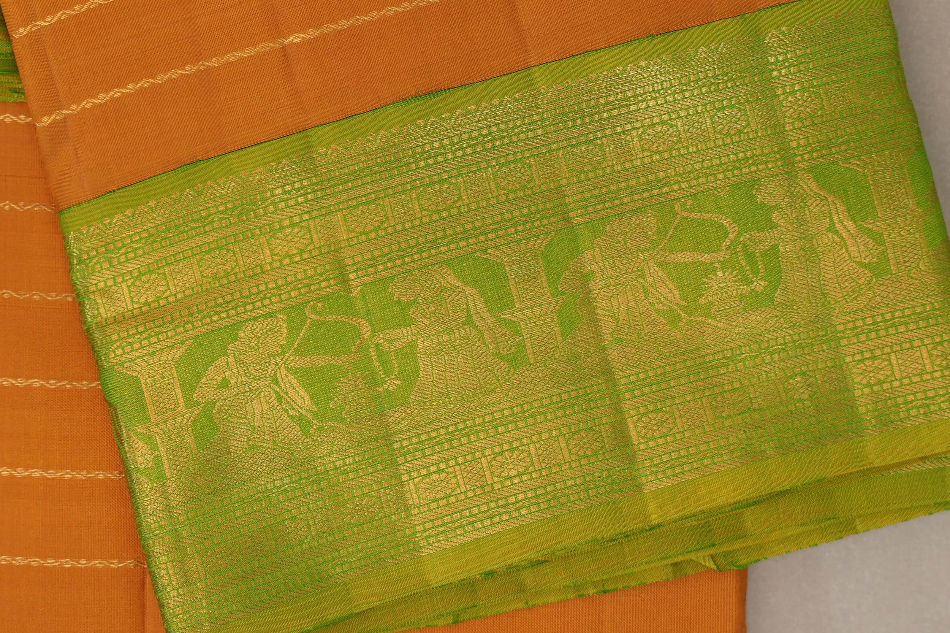 Mango yellow with Bright leaf green borders Ten Yards Silk Saree SS9558
