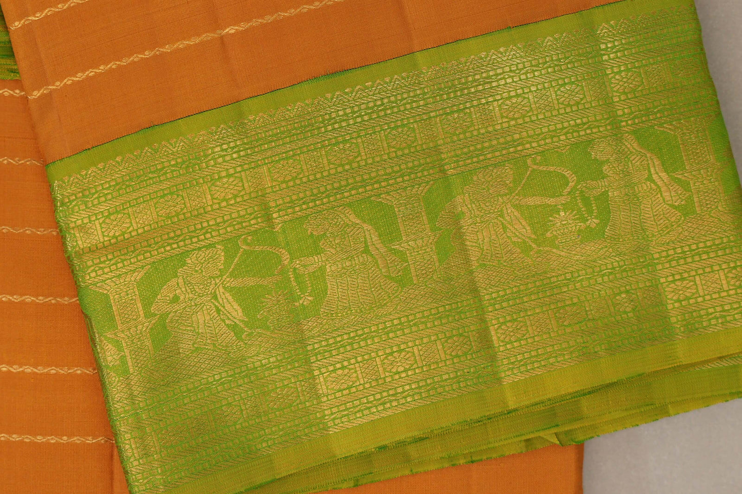 Mango yellow with Bright leaf green borders Ten Yards Silk Saree SS9558