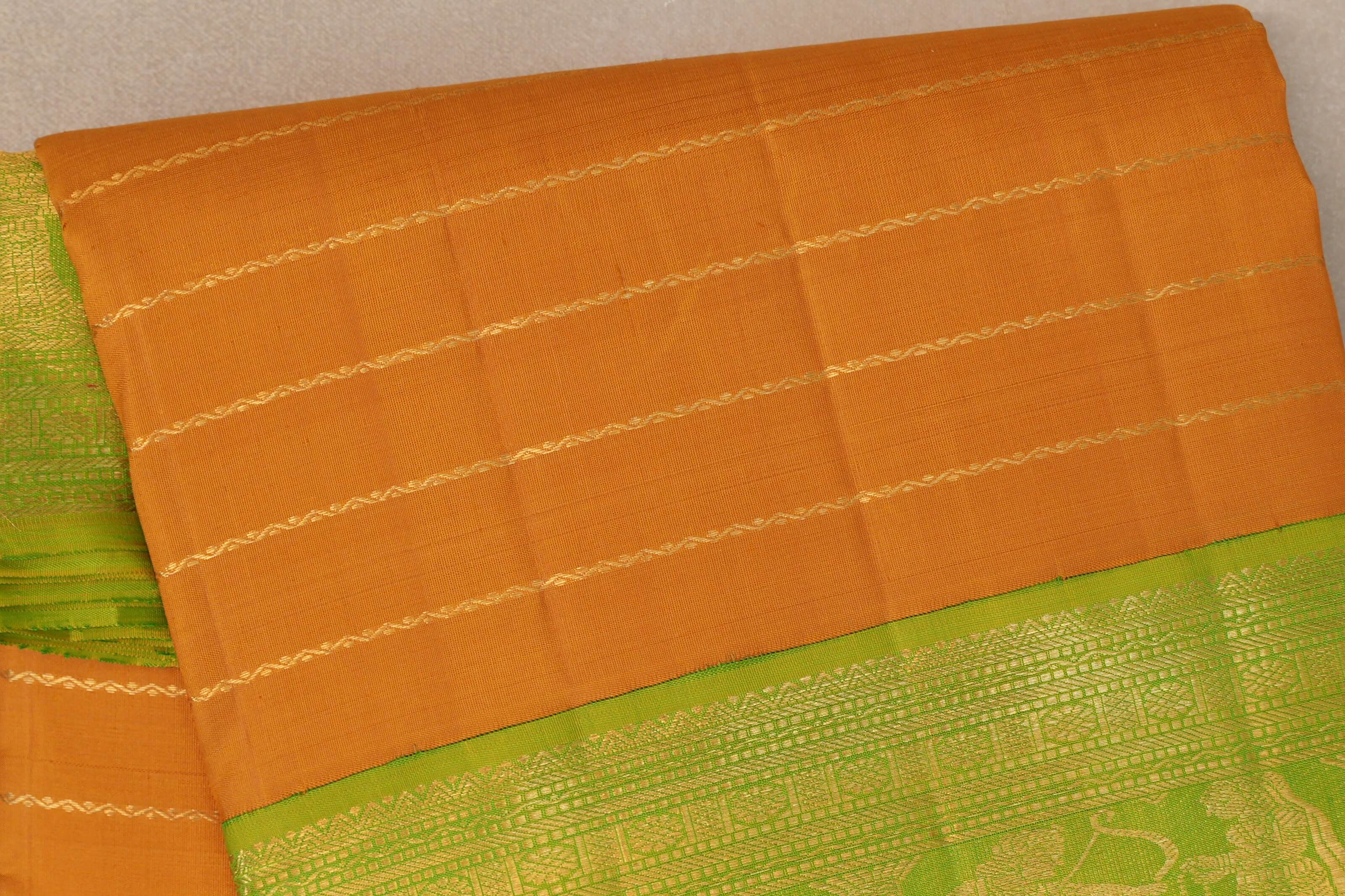 Mango yellow with Bright leaf green borders Ten Yards Silk Saree SS9558