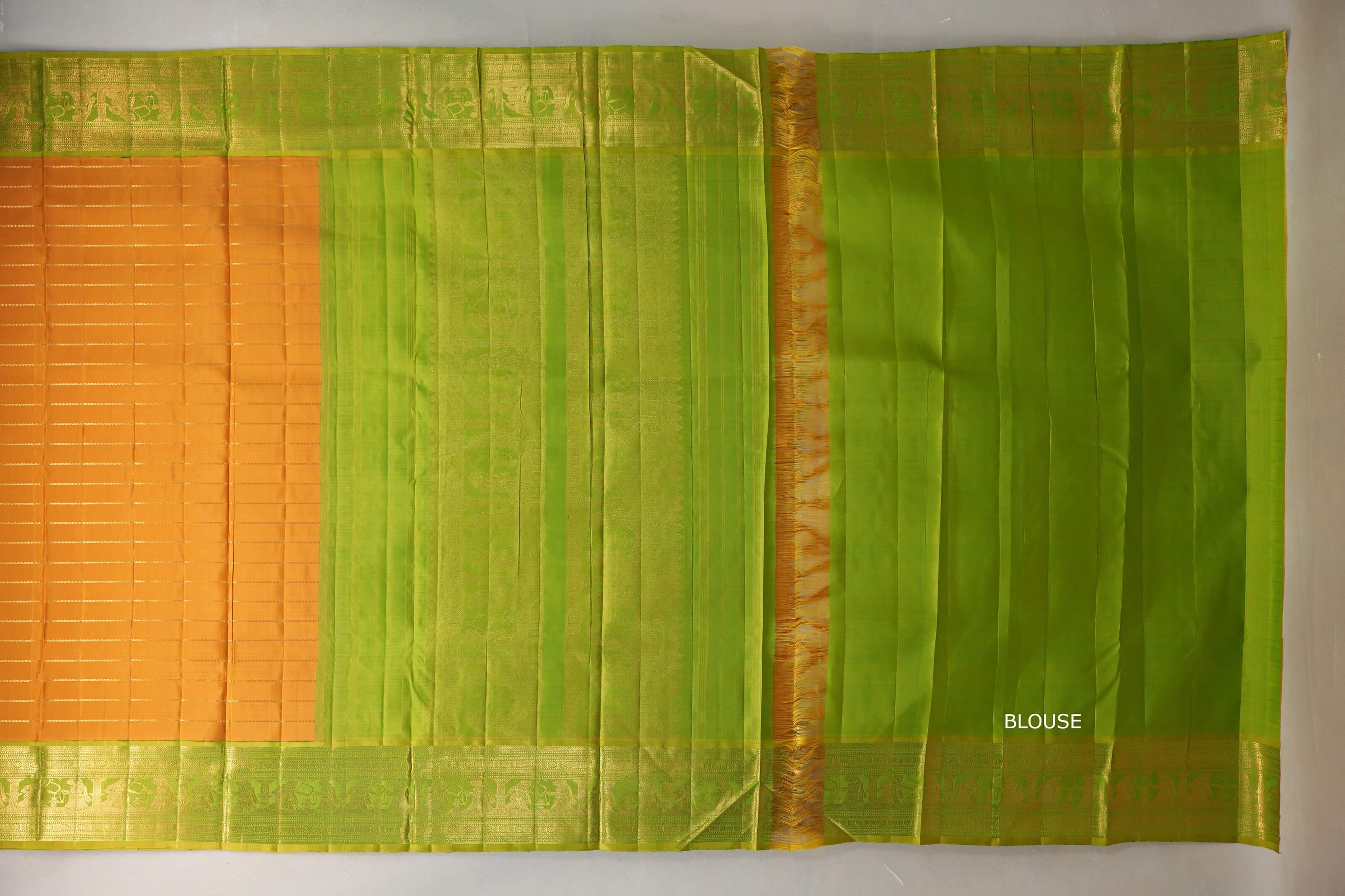 Mango yellow with Bright leaf green borders Ten Yards Silk Saree SS9558