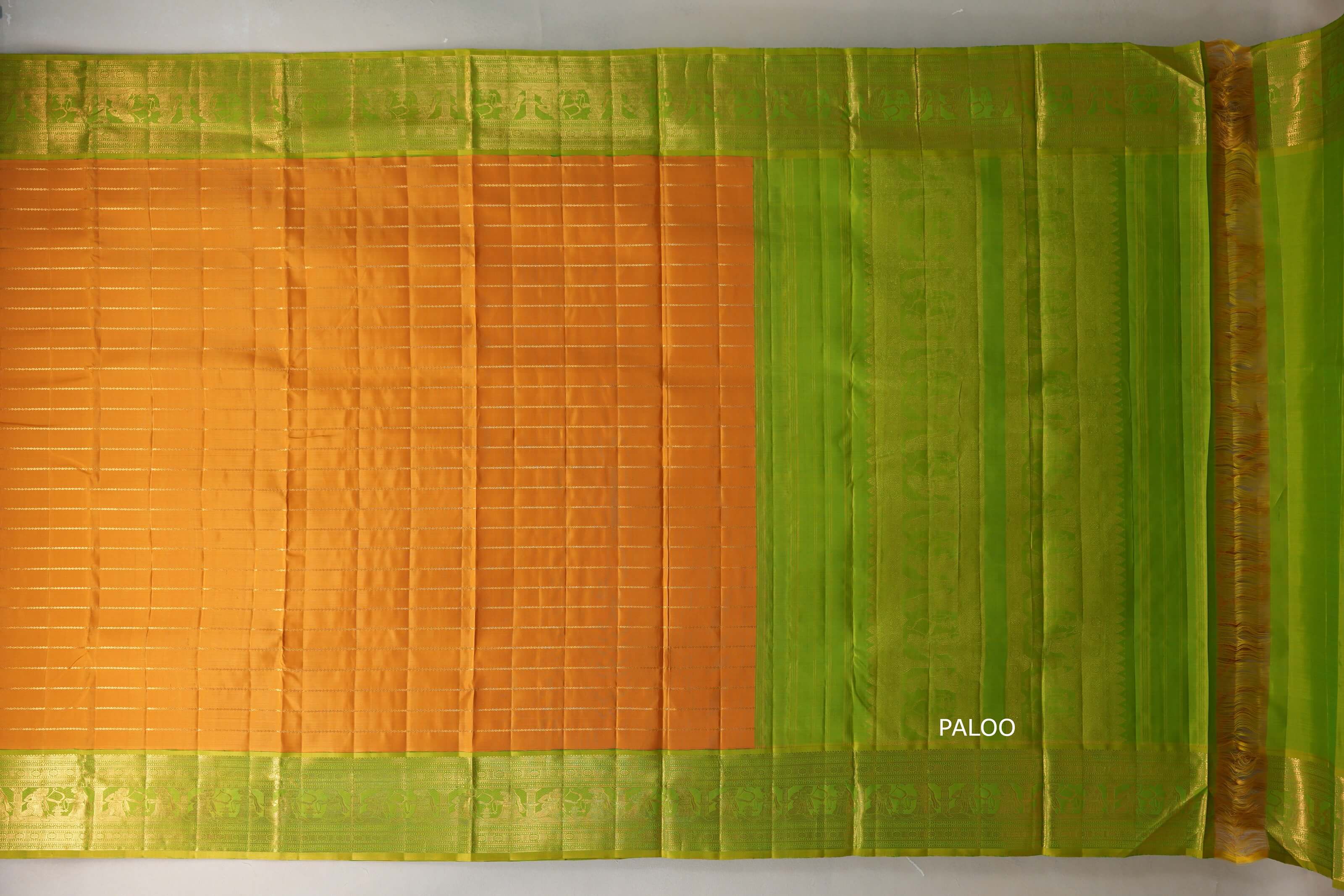 Mango yellow with Bright leaf green borders Ten Yards Silk Saree SS9558