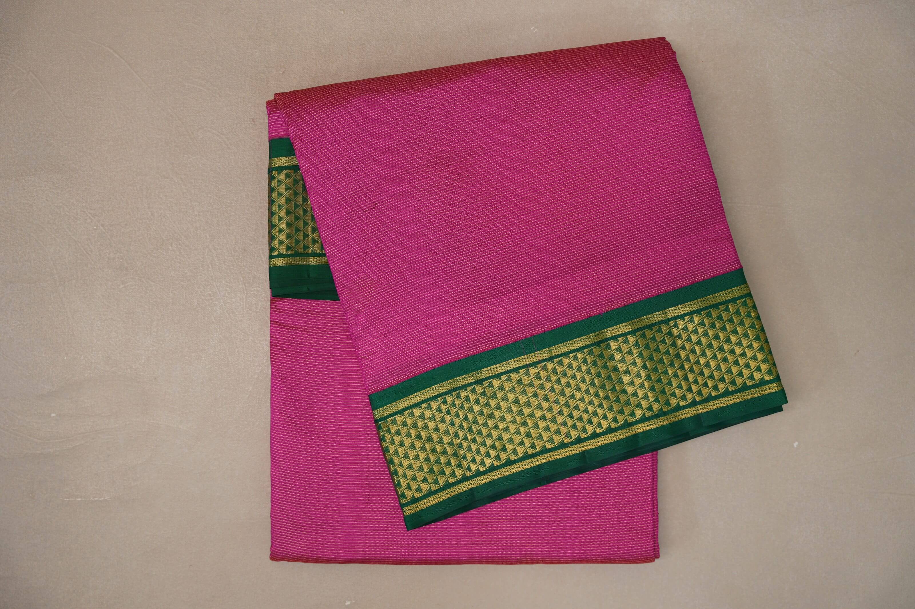 Bright Pink with emerald green borders Ten Yards Silk Saree SS9562