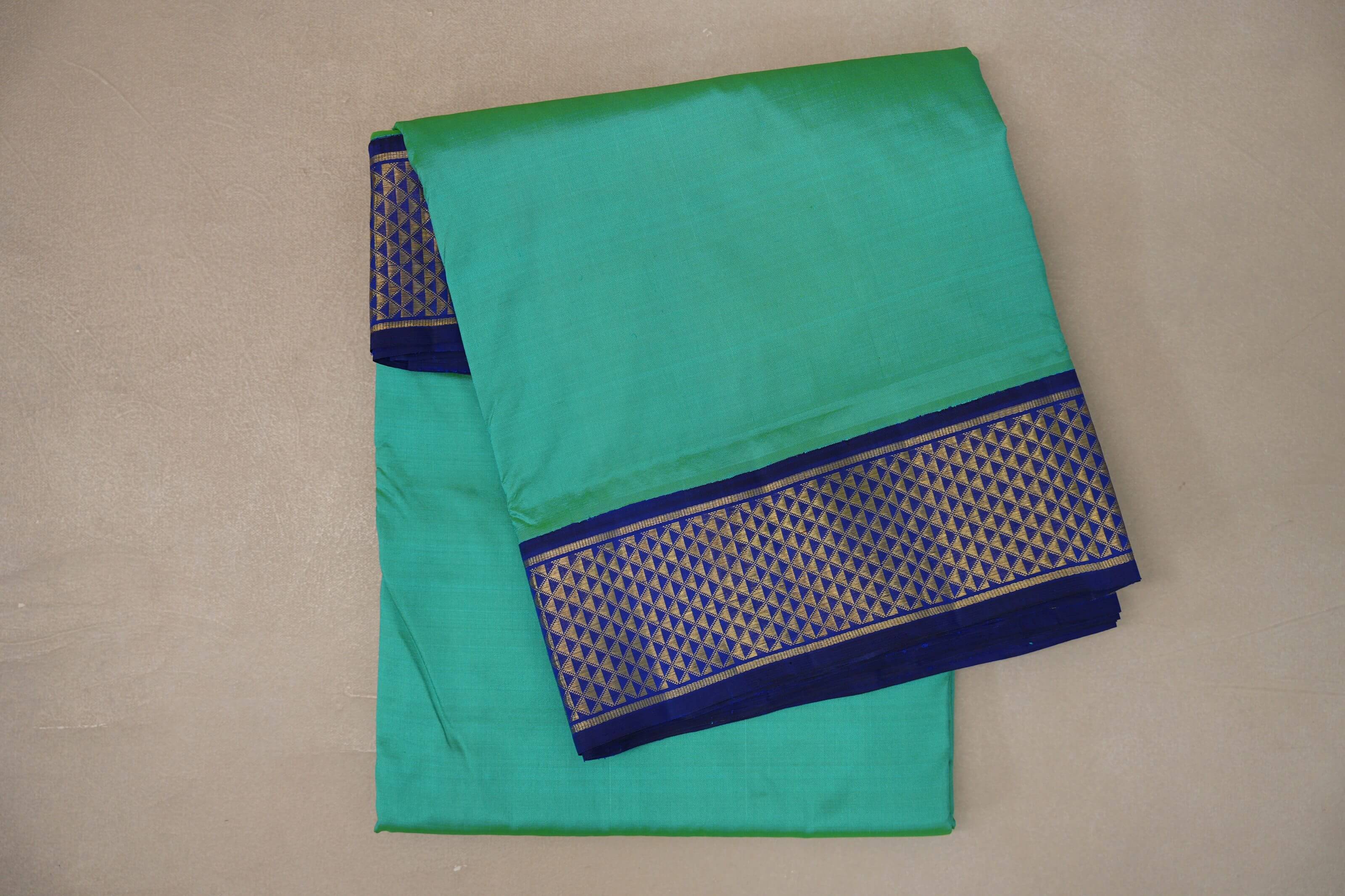 Mint green with Deep Blue borders Ten Yards Silk Saree SS9563