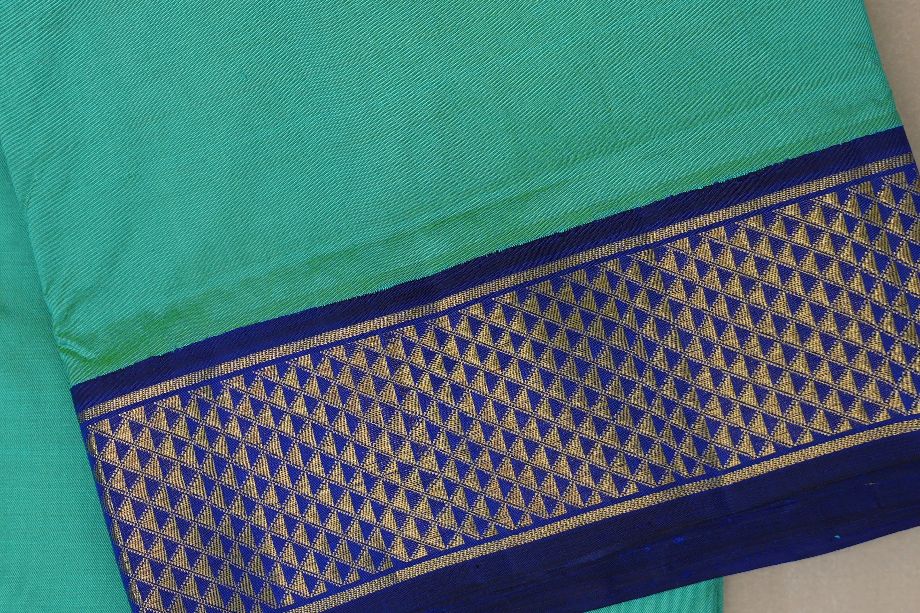 Mint green with Deep Blue borders Ten Yards Silk Saree SS9563